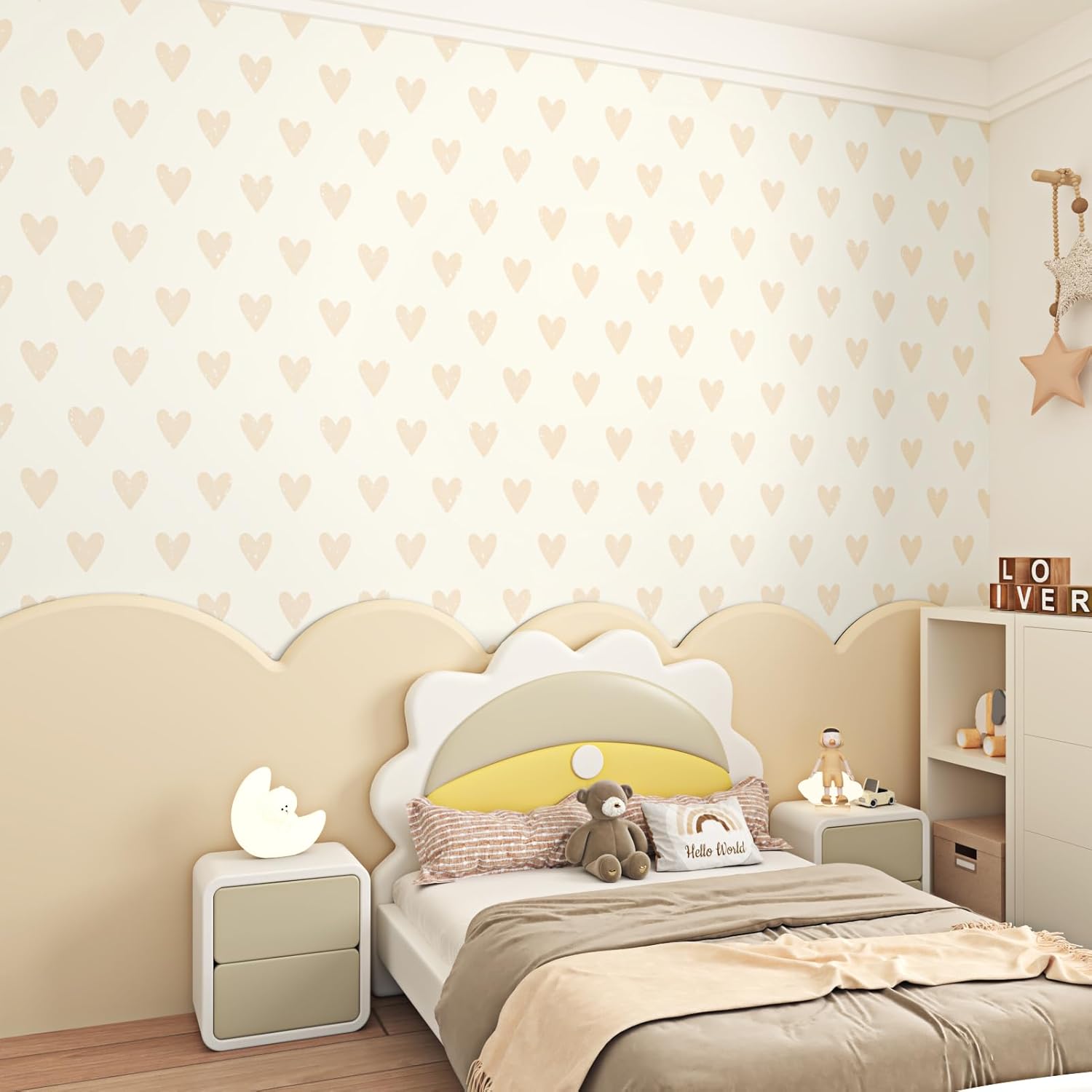 Beige/Pink Heart Wallpaper Peel and Stick Peach Hearts Stick on Wallpaper for Bedroom Bathroom 17.5"x102" Modern Renter Friendly Removable Self Adhesive Contact Paper for Cabinets Shelves
