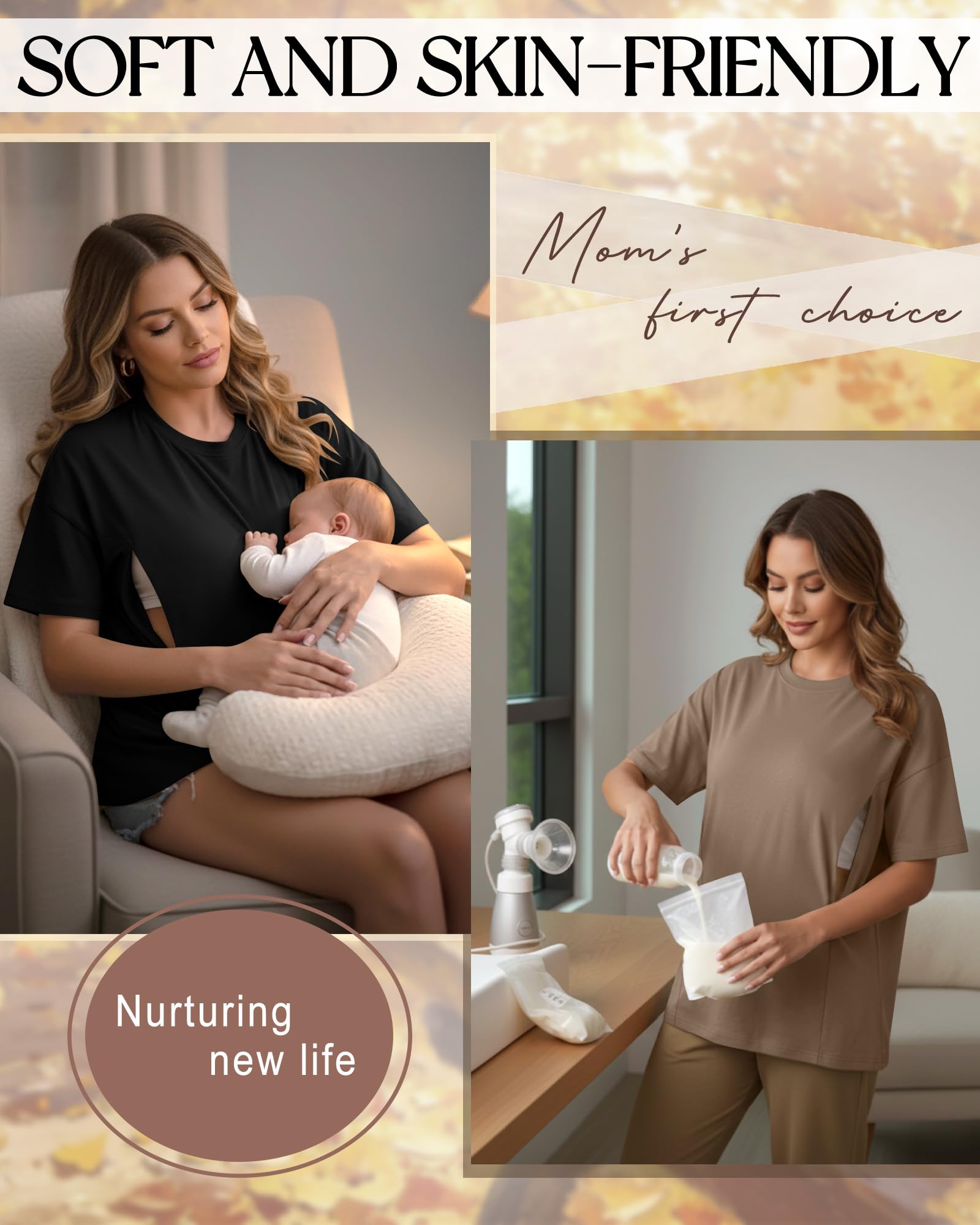Xuniea 3er Pack Bequeme Weiche Umstands-Stillshirts für Damen Oversize Kurzarm Versteckter Reißverschluss Lockere Passform