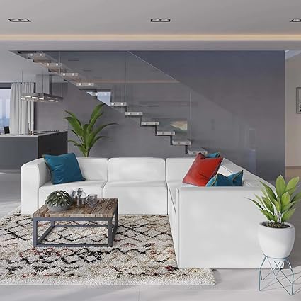 ES ESPINHO ESP135 Solid Sal Wood Leatherette Upholstered 4 Seater Symmetrical Orientation Modular, Sectional, Corner L Shape Sofa Set for Living Room, Milky White Color