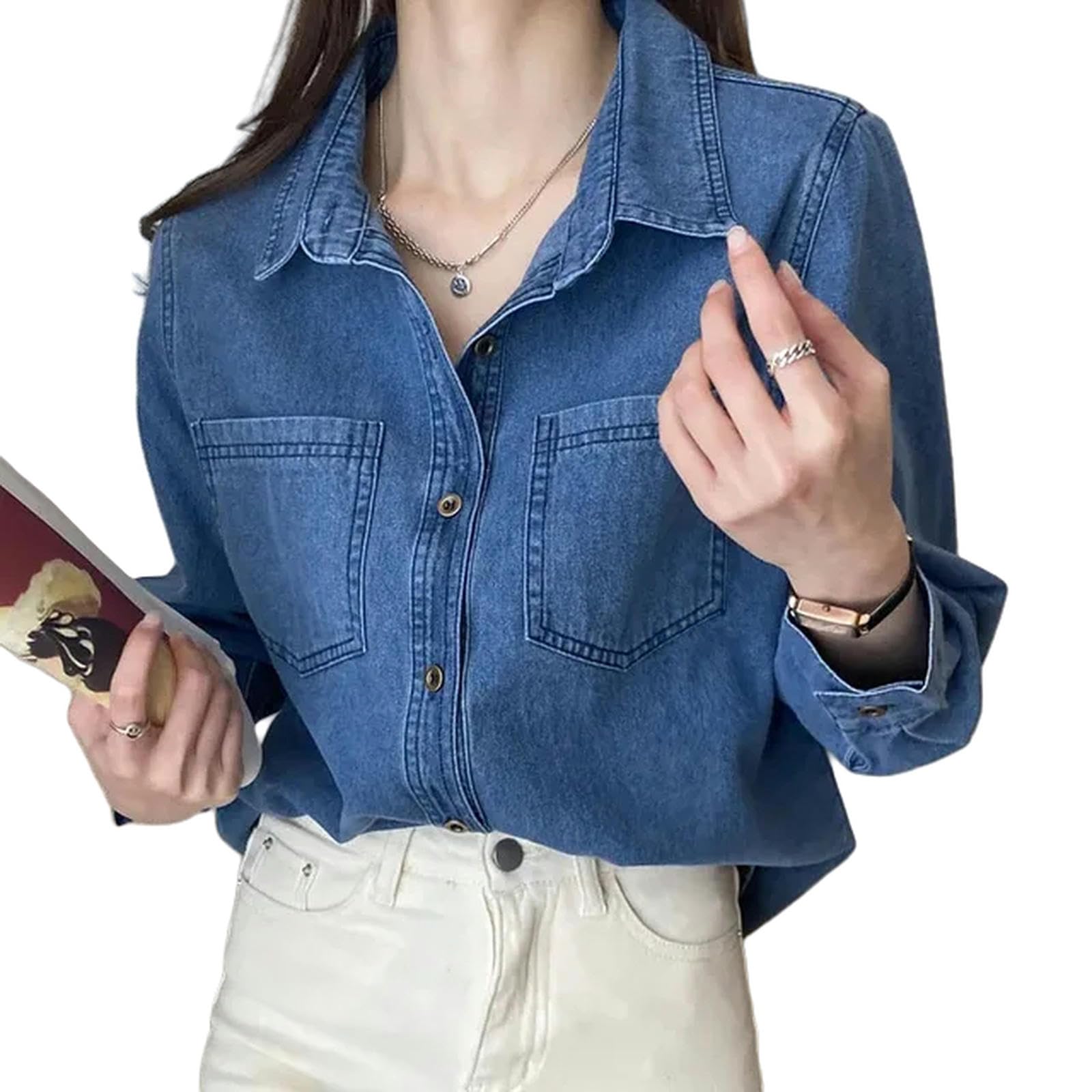 Giacca Uomo Camicie in Denim Blu Intenso per Donne Bottoni Primaverili Camicia A Maniche Lunghe