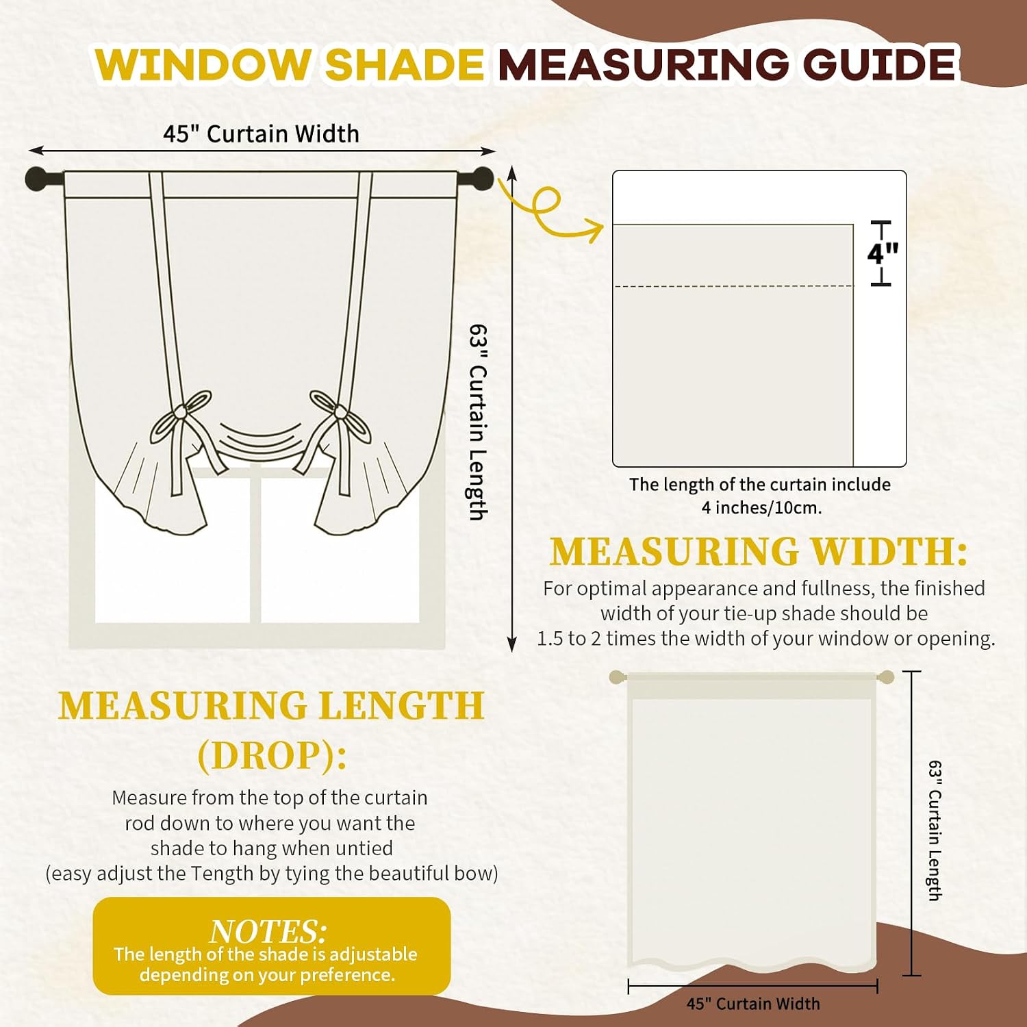 Showgeous Double Layer Linen Blackout Tie Up Curtains Beige Balloon Shade for Small Window Thermal Insulated Fully Lined Balloon Curtains for Bathroom Kitchen(Rod Pocket Panel,45" W x 63" L,Set of 1)