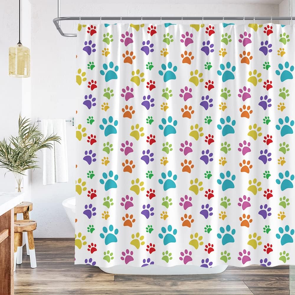 QWRSMYX Dog Paw Shower Curtain Cute Hand Drawn Paws Print Doodles Circular Drawing