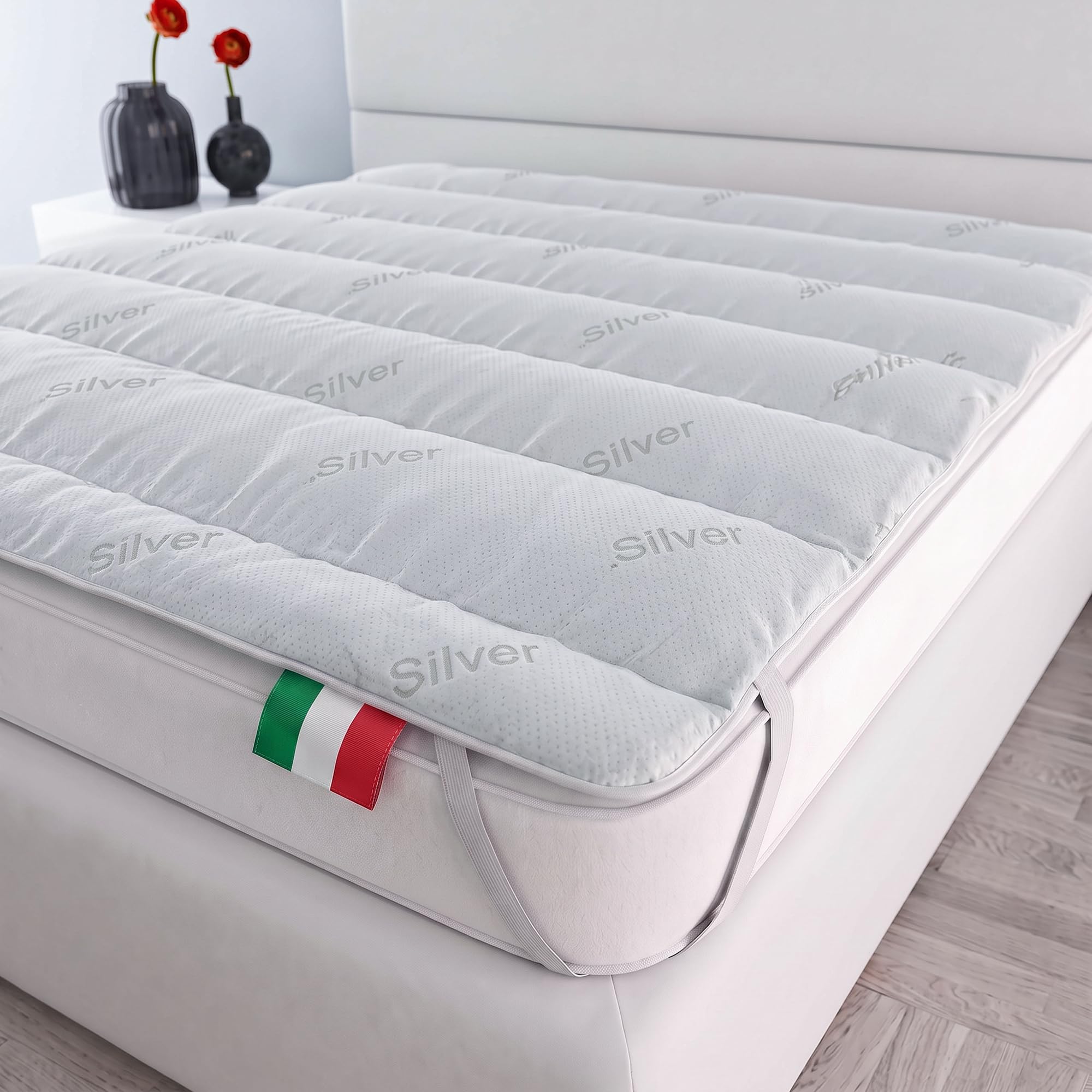 Italian Bed Linen Topper srebrny, wyściełany, pikowany, zmywalny