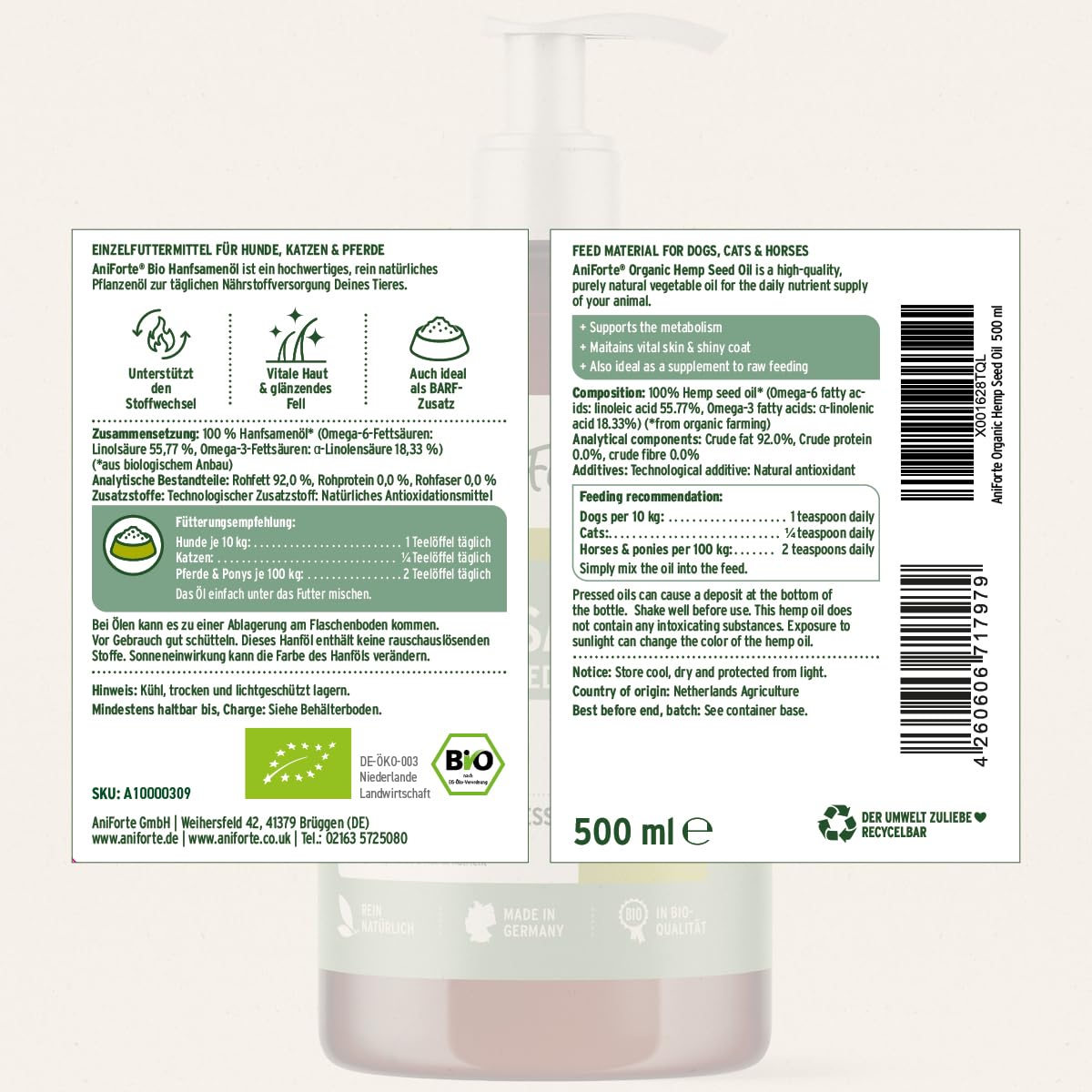 AniForte Barf-Öl Set 3 je 500ml Bio Hanfsamenöl, Lachsöl & Leinöl für Hunde & Katzen – Barf Zusatz Öle, kaltgepresst & natürlich ohne Zusätze, Barföl reich an Omega 3 & 6 Fettsäuren, Futter Zusatz