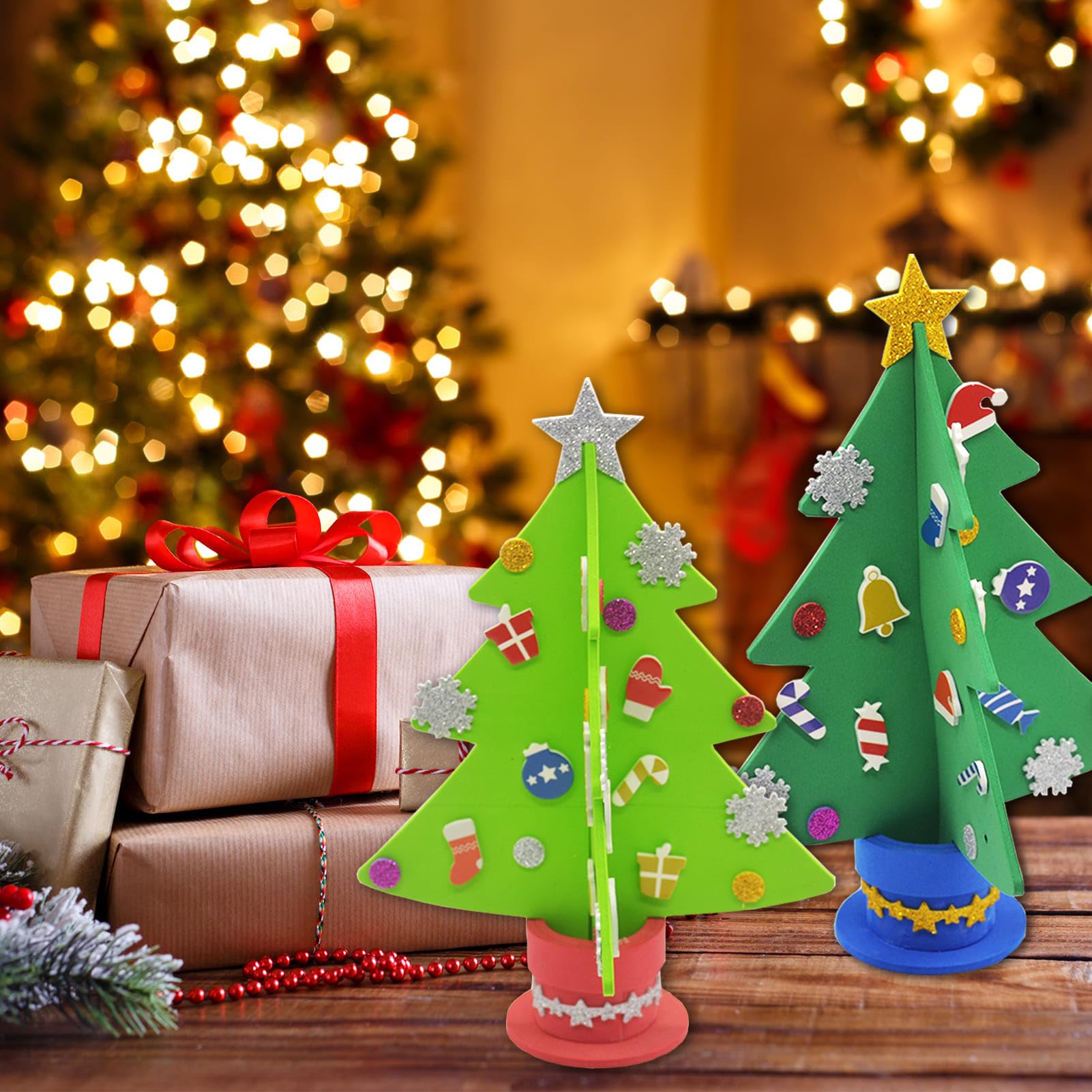 Weihnachtsbaum Bastelset Aus Filz – 3 Stück (Santa, Elk, Snowman), Inkl. Lichterkette, Für Kinder