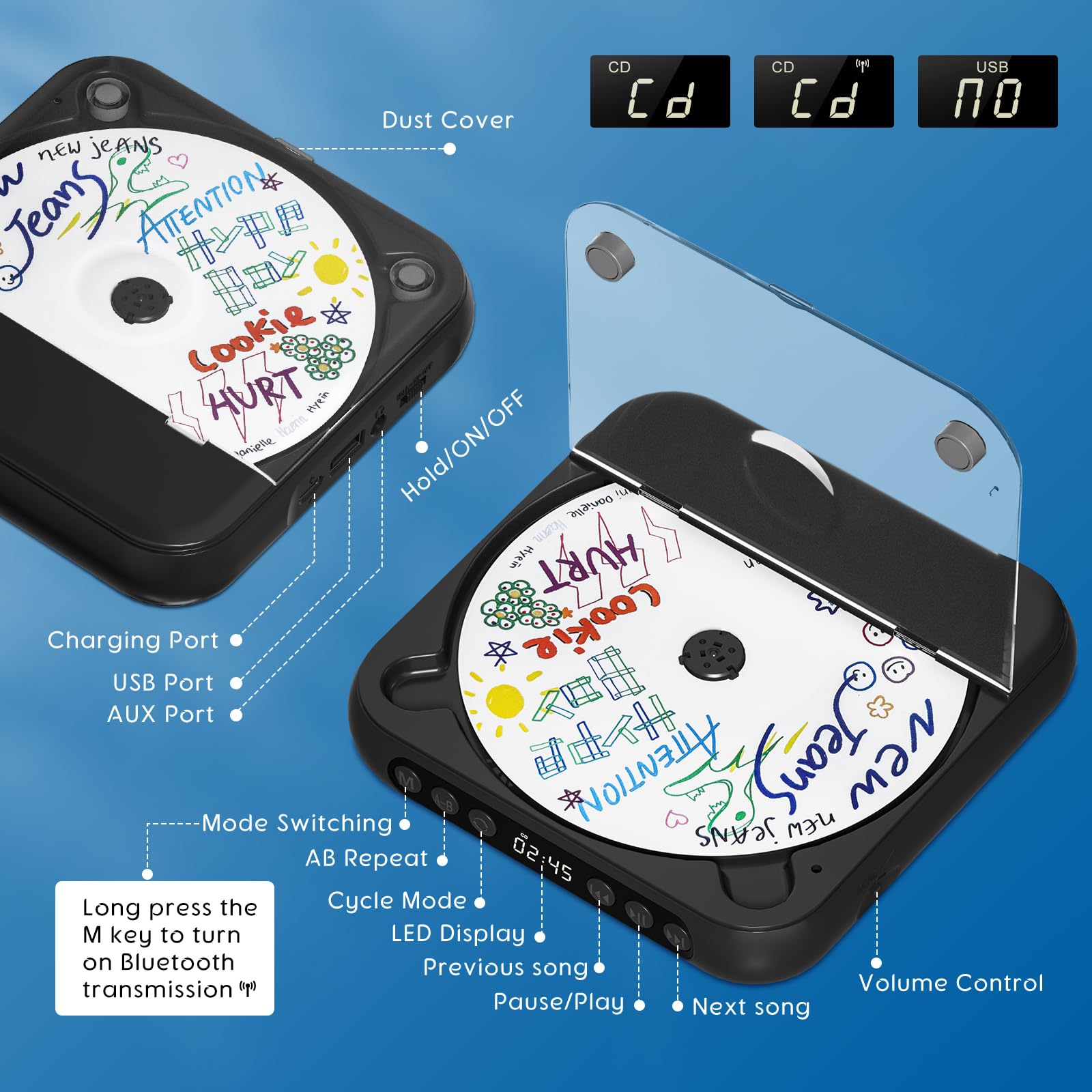 Lecteur CD portable avec Bluetooth, petit lecteur CD rechargeable, haut-parleurs HiFi intégrés, lecteur CD Walkman avec écouteurs, écran LCD, prise en charge CD/AUX/USB/répétition, noir