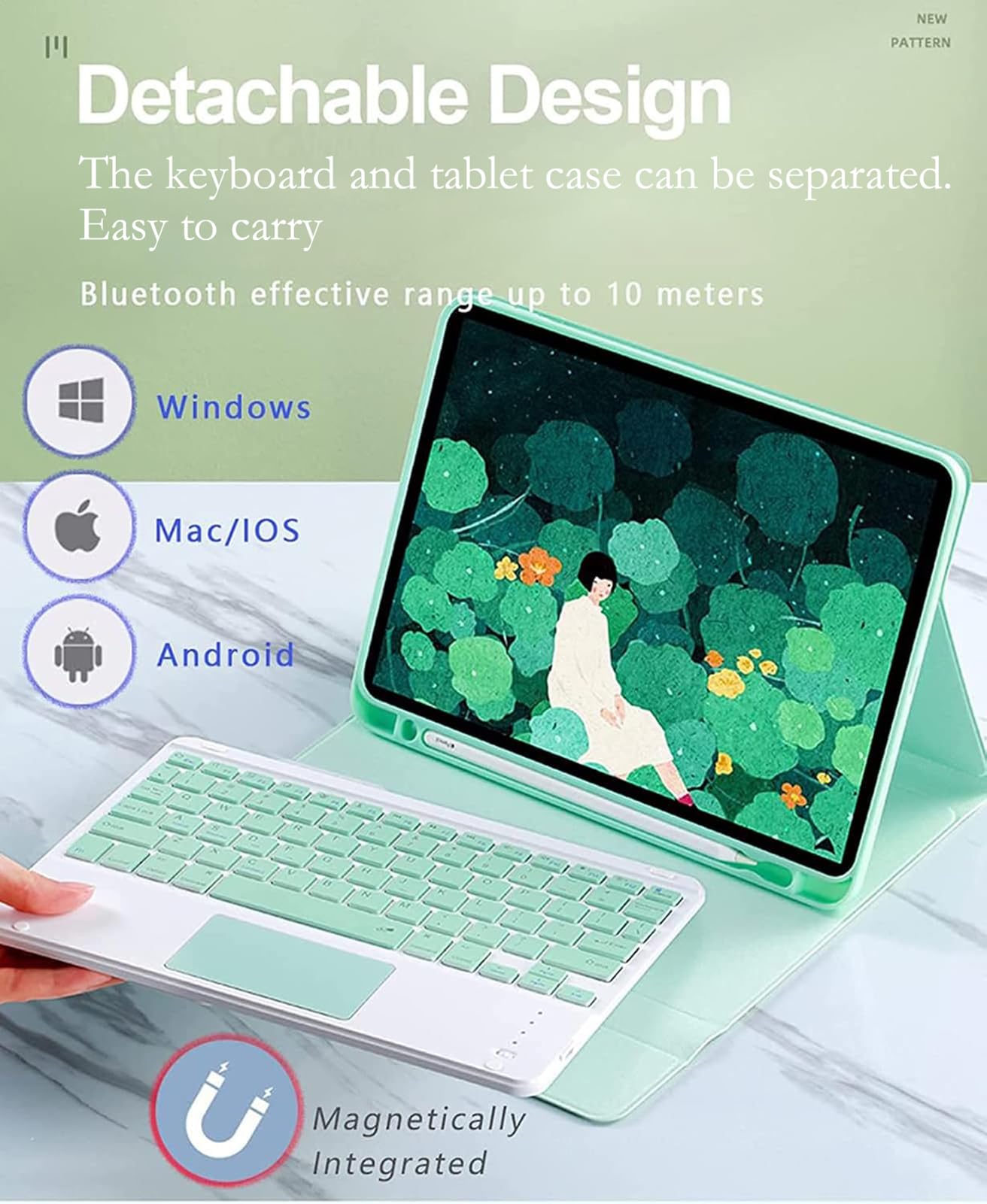 Etui na klawiaturę z panelem dotykowym do iPada 10,9 cala 2022, Odpinane etui na klawiaturę magnetyczną z etui na długopis, bezprzewodowa klawiatura Bluetooth iPad 10,9" 2022, różowe złoto + białe