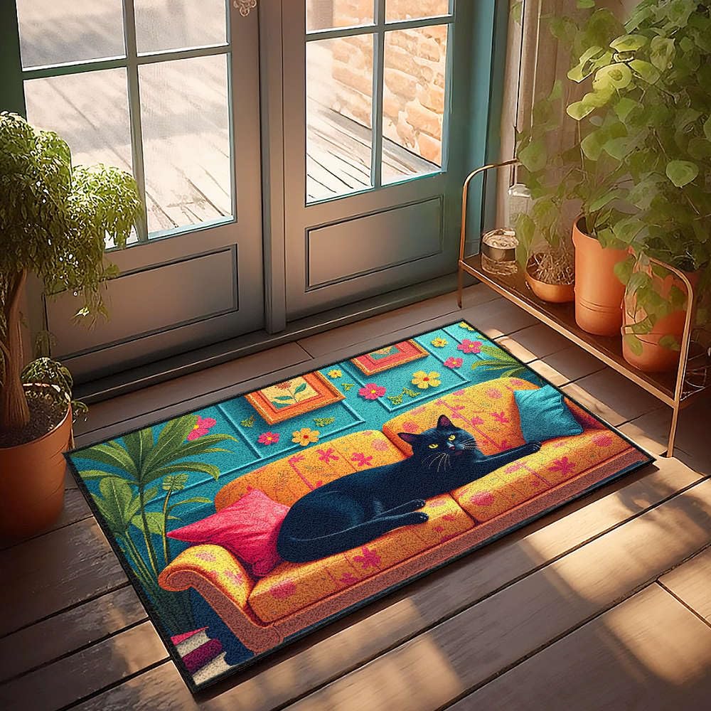 Paillasson d'extérieur motif floral chat noir pour embellir l'entrée de maison