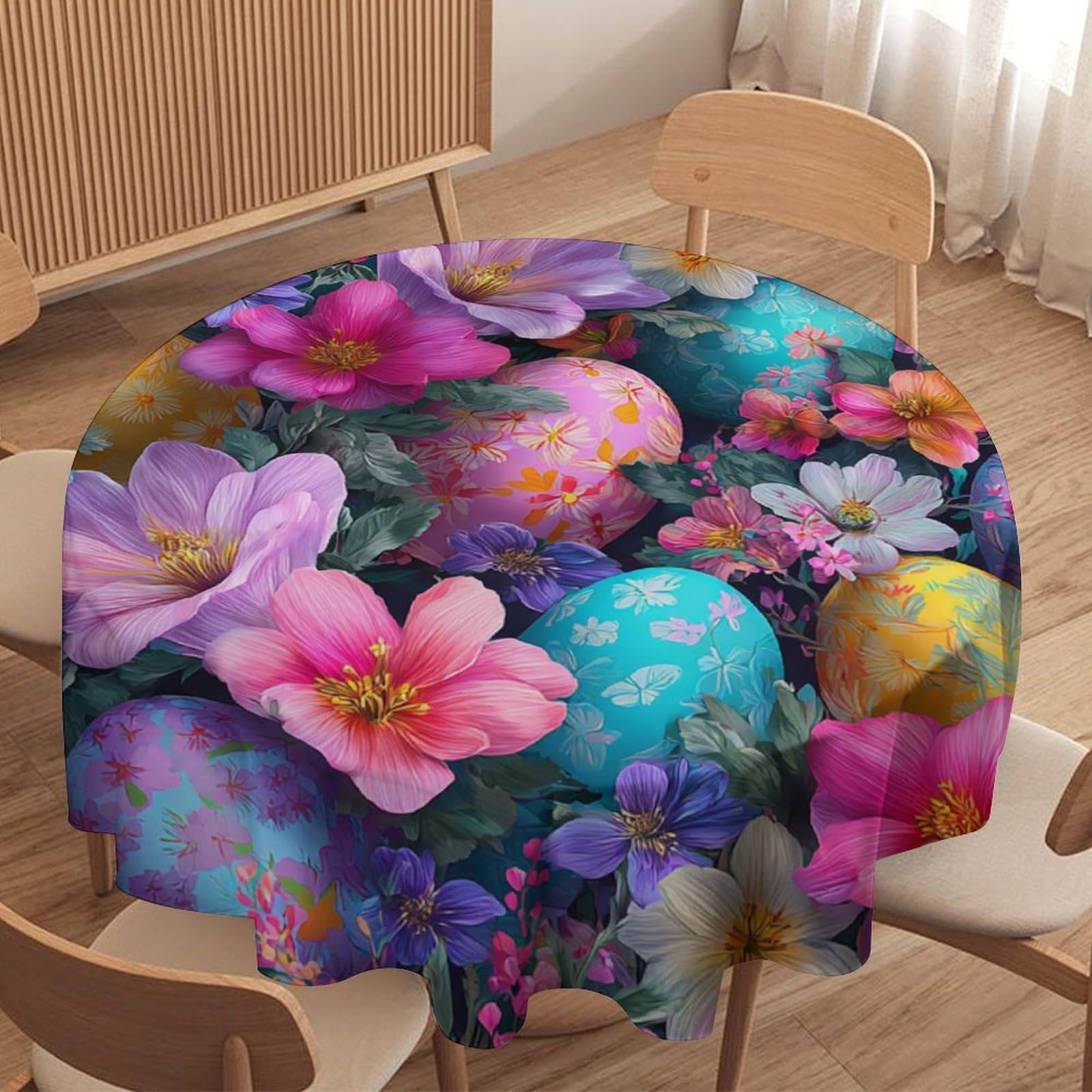 LUYYSKY Colorful Classic Colorful Eggs Waterproof Round Tablecloth Mid Century Realistic Easter Spring Natural Tulips Flowers Print Washable Table Cover for Kitchen-91.4" Wx91.4 L cm