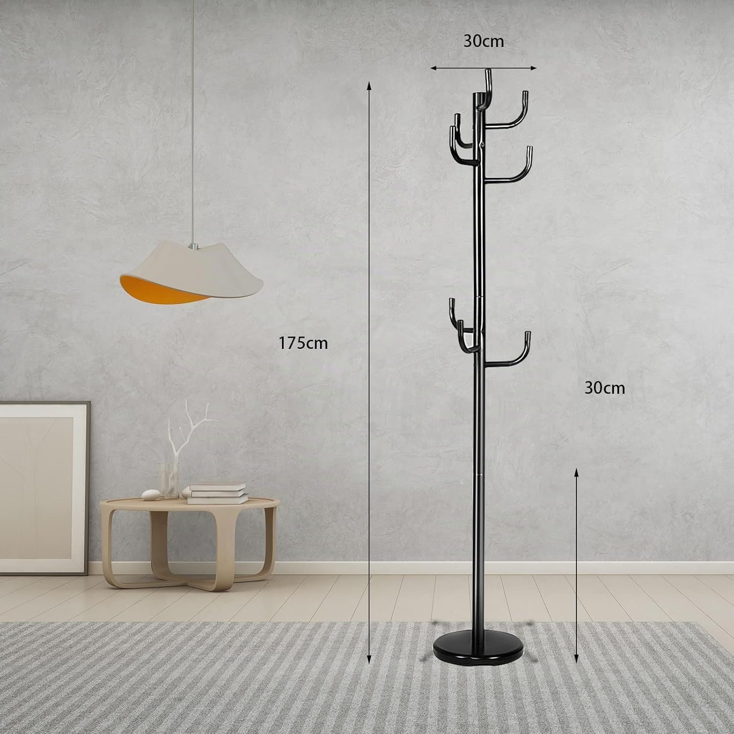 RELAX4LIFE Appendiabiti da Terra, Attaccapanni in Metallo con 8 Ganci per Vestiti, Borse e Cappello, Appendiabiti da Pavimento con Base Stabile per Salone, Ufficio e Negozio, Nero (30x175cm(ØxA))
