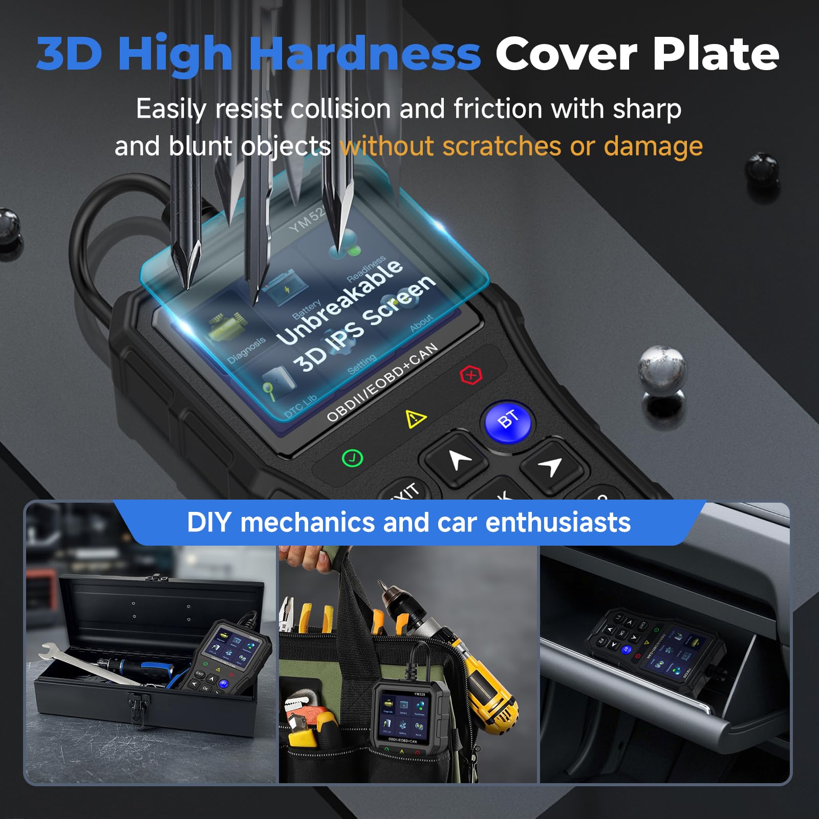 Professional OBD2 Scanner con tester della batteria - strumento diagnostico per automobili, 3D UI 2,8 pollici IPS schermo TPU case, lettura e cancellazione codici di errore, nero