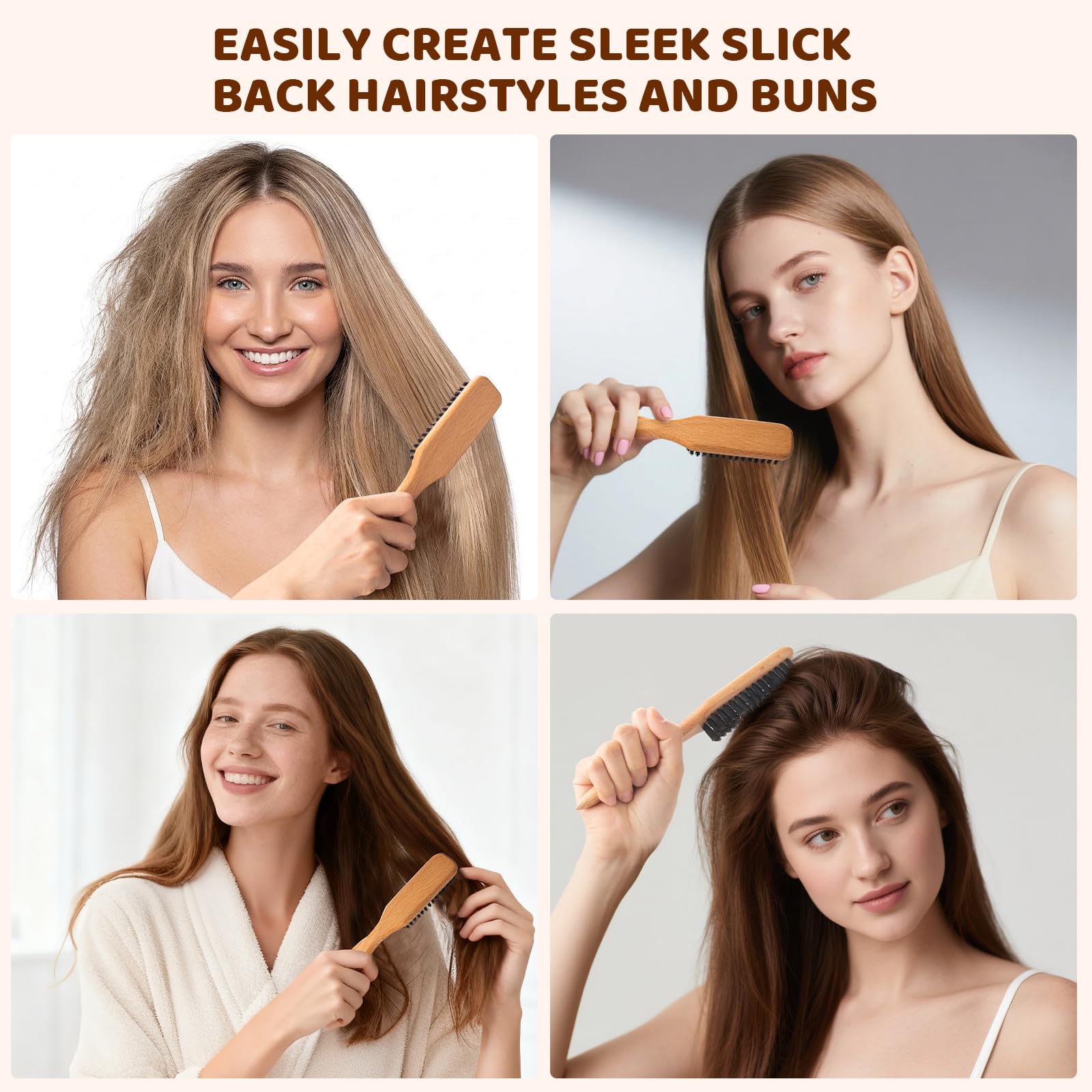 ZVOREI 5pcs Boar Bristle Slick Back Hair Brush Set, Pink view 6