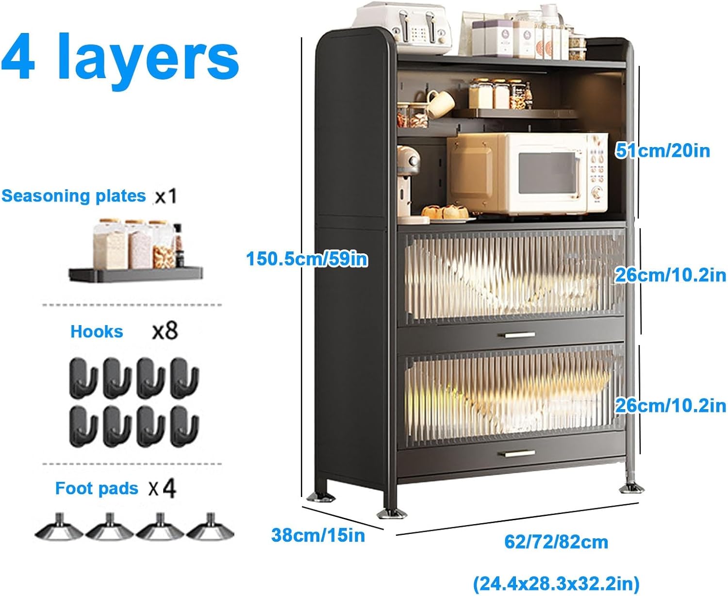 4-Tier Industrial Bakers Rack for Kitchen Storage, Microwave Oven Stand, Coffee Bar Sideboard with Hooks & Foot Pads, 82x38x150cm - Stylish & Functional Kitchen Organizer