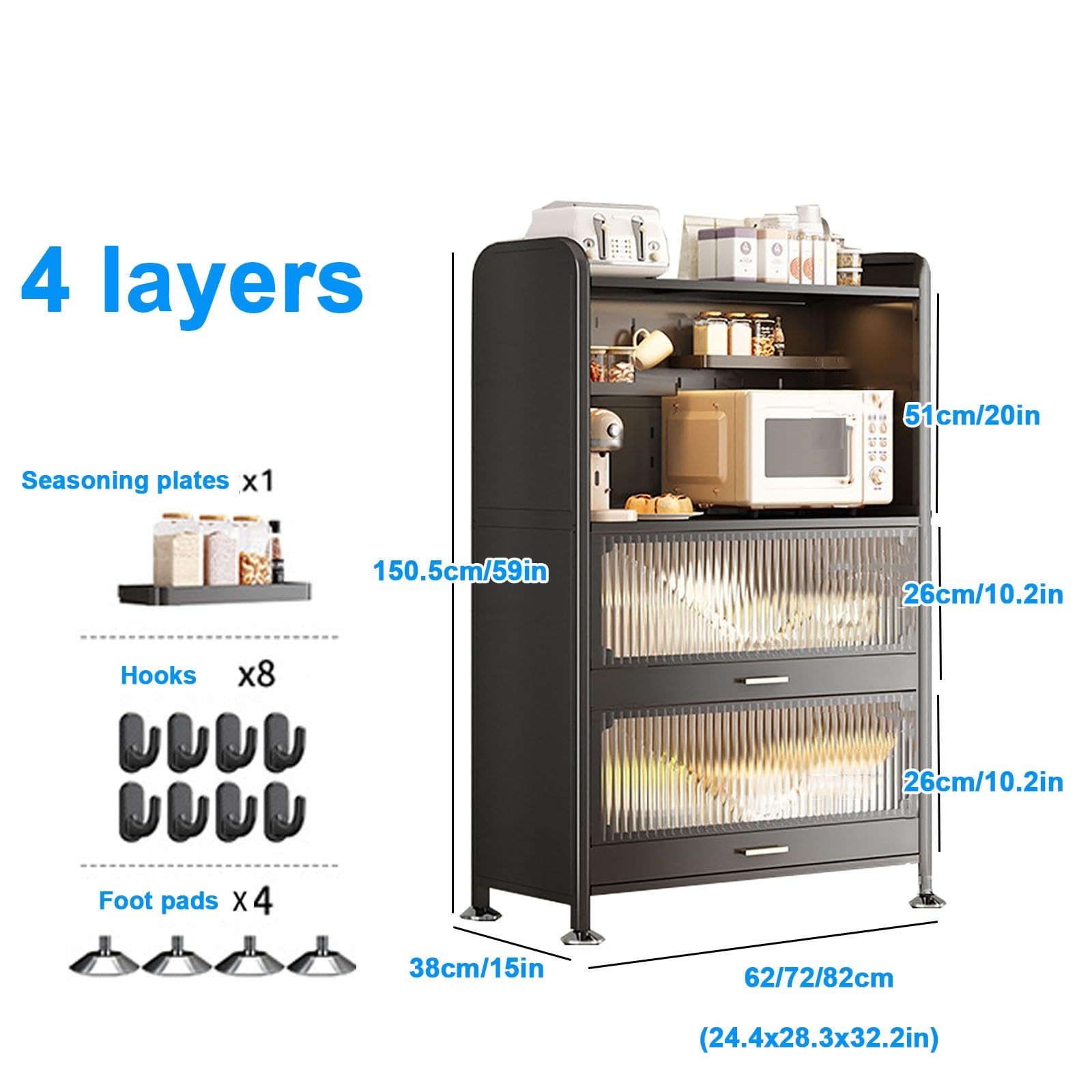 4-Poziomowy Przemysłowy Regał Do Przechowywania Wypieków W Kuchni, Stojak Pod Kuchenkę Mikrofalową, Kredens Kawowy Z Haczykami I Stopkami, 82 X 38 X 150 Cm – Stylowy I Funkcjonalny Organizer Kuchenny