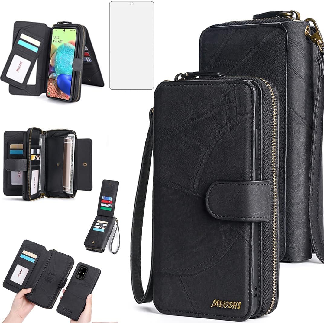 Asuwish Phone Case for Samsung Galaxy A71 5G Zipper Wallet Detachable Cover with Screen Protector and Leather Flip Mirror Card Holder Slot Cell Accessories Mobile A 71 G5 71A S71 SM Women Men Black