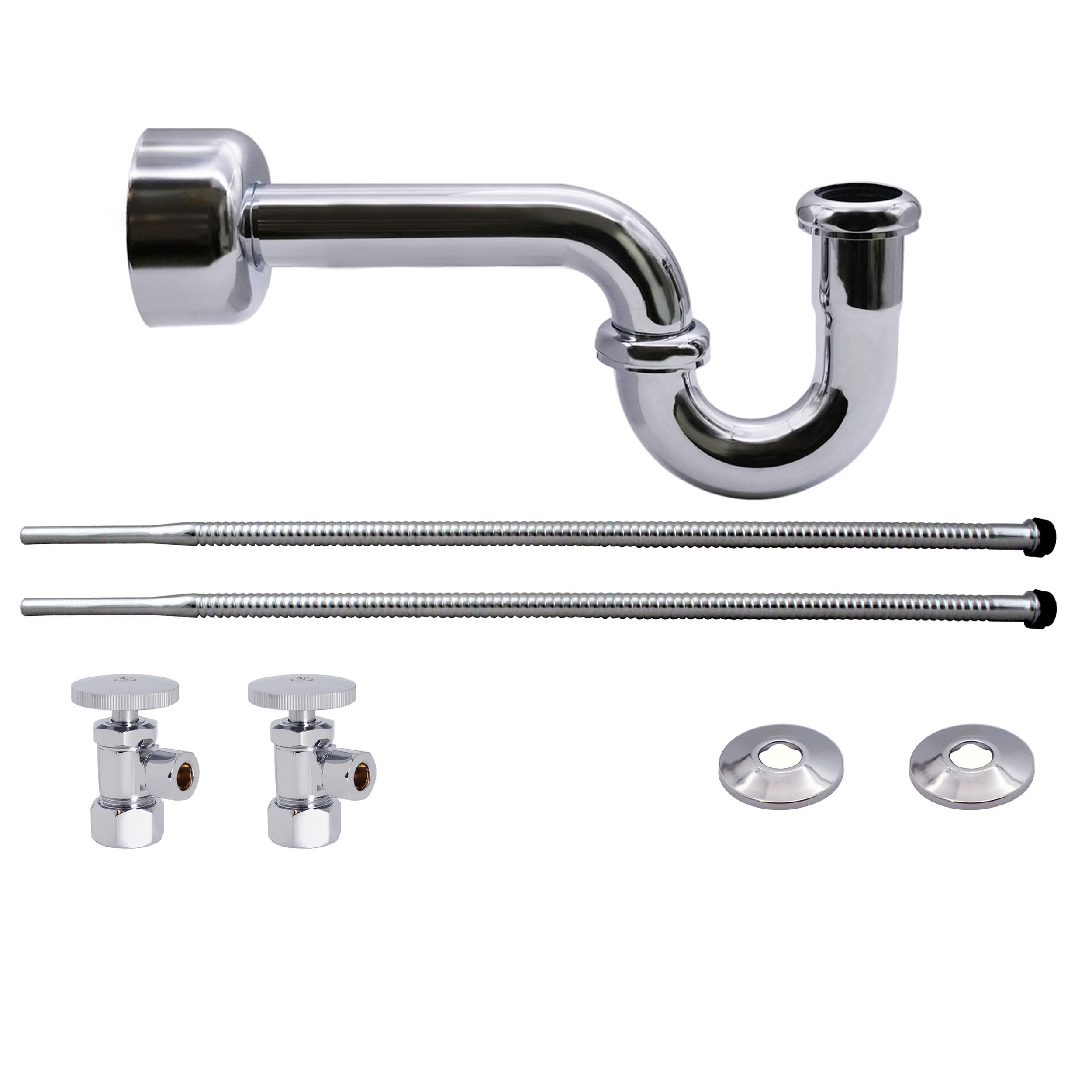 Westbrass A1538L-26 Pedestal Sink Lavatory Supply Line Kit with P-Trap and Round Handle Angle Stops, Polished Chrome
