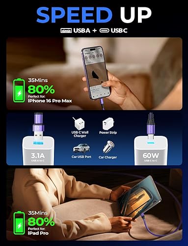 Vista 38 de AINOPE Cable USB C a USB C, paquete de 2 cables USB C de 3 pies de carga rápida con adaptador USB a USB C, cable USB a USBC de 60 W para iPhone 17