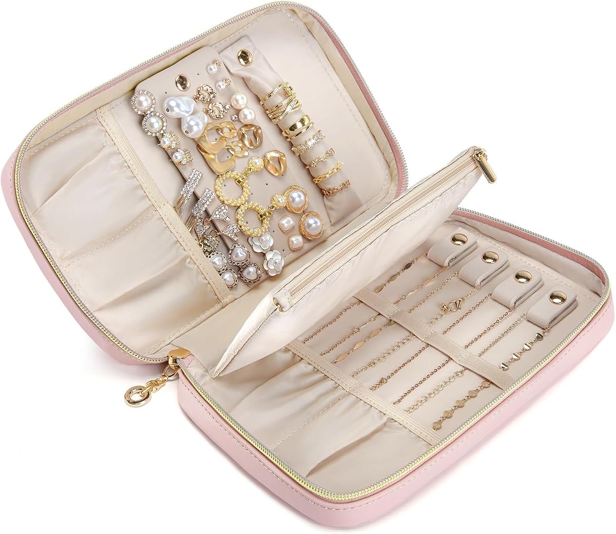 BAGSMART Travel Jewelry Case Jewelry Box Organizers and Storage Earings Holder Organizer for Women for Necklaces, Bracelets, Rings-Pink