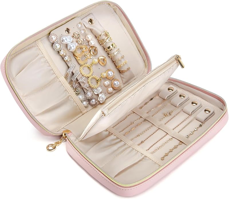 BAGSMART Travel Jewelry Case Jewelry Box Organizers and Storage Earings Holder Organizer for Women for Necklaces, Bracelets, Rings-Pink