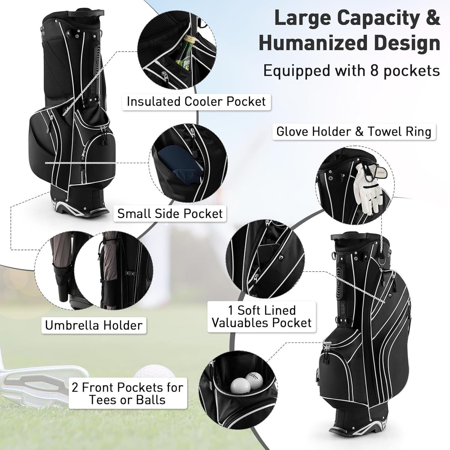 Goplus Golf Stand Bag, Lightweight Golf Club Bag with 6 Way Top Dividers, 8 Pockets, Cooler Bag, Rain Hood, Dual Shoulder Strap, Umbrella Holder, Portable Golf Bag with Stand for Women Men