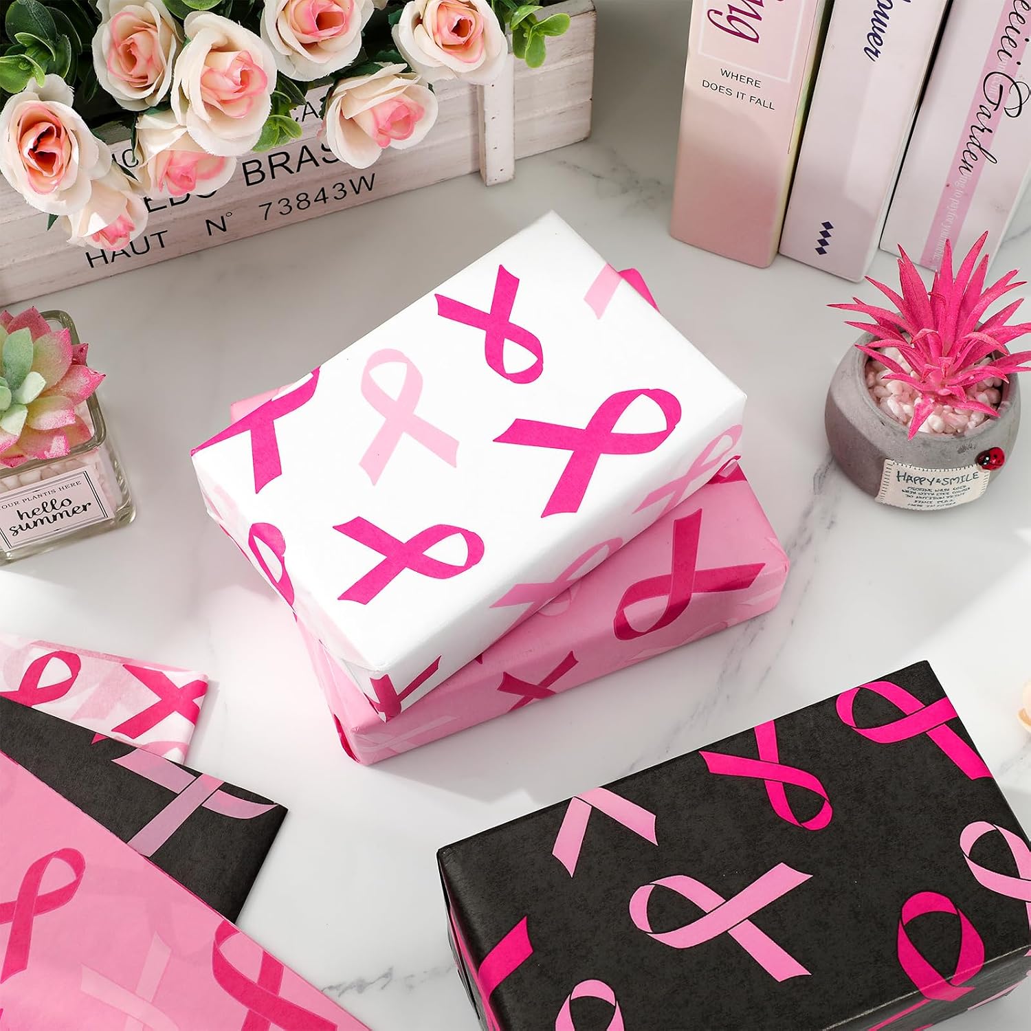 Whaline 90 Sheets Pink Ribbon Tissue Papers Breast Cancer Awareness Wrapping Paper Black Pink White DIY Craft Paper for Women Girls Breast Cancer Month Charity Party, 14 x 20 Inch