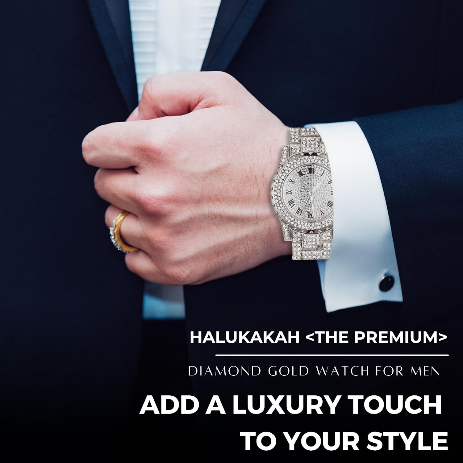 Halukakah Diamonds Gold Watch Iced Out,Men's 18K Real Gold/Platinum White Gold Plated 39MM Width Round Dial Quartz Wristband 8.9",Optional with Cuban Link Chain 8" Bracelet/18 Necklace,with Giftbox