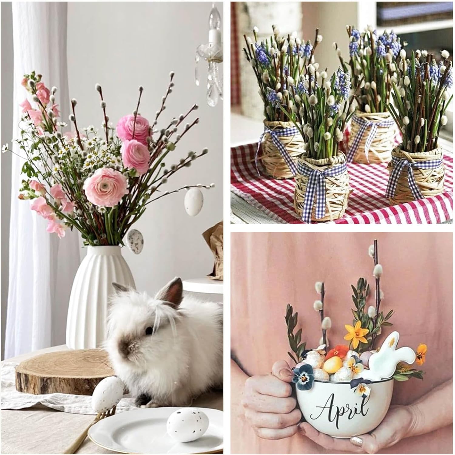 Oning 60 Stems 17＂Real Dried PussyWillow Branches for Vase, Natural PussyWillows with White Flowers, Snow Willow Branches for Indoor and Outdoor Decor, Wedding Home Party Hotel Fireplace Yard