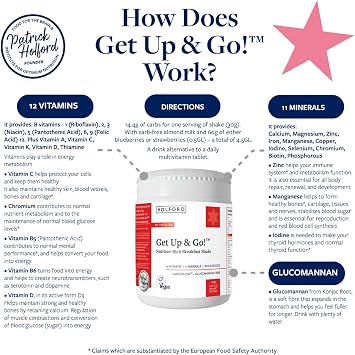PATRICK HOLFORD Get Up & Go/Multi-Vitamin & Mineral Supplement Shake Powder/for Weight Management Support / 24 Nutrients Plus Glucomannan/Naturally Sourced/Powder/Vegan/for Women & Men