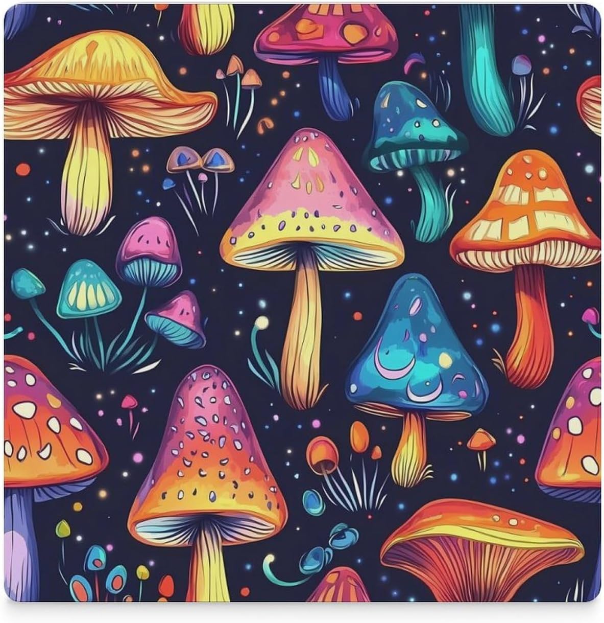 Psychedelic Mushroom Coasters for Drinks Square Table Coasters Set Cup Mats with Cork Base