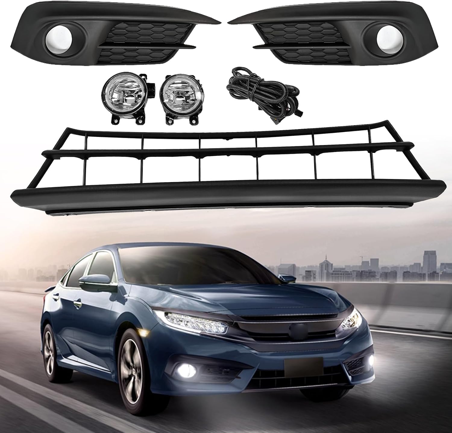 Front Lower Grille WIth Foglights Fit For 2016 2017 2018 Honda Civic Front Bumper Insert Lower Grille Grill Mesh Fog lights Bezel 5PCS Kit