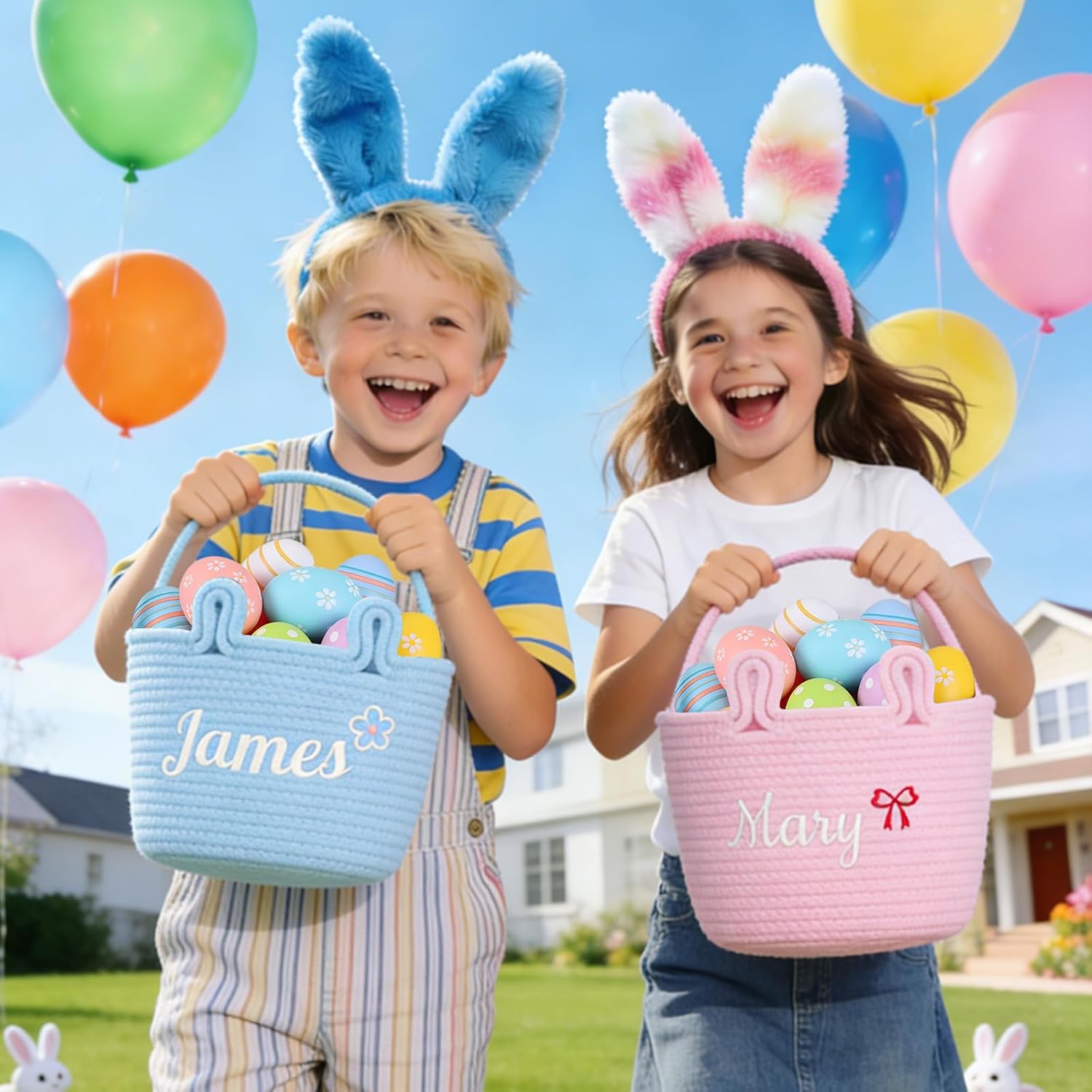 Easter Basket for Kids, Personalized Bunny Basket with Embroidered Name for Girl, 7.8" Woven Cotton Rope Easter Egg Hunt Basket Empty for Candy Gifts Storage Organizer (Pink)
