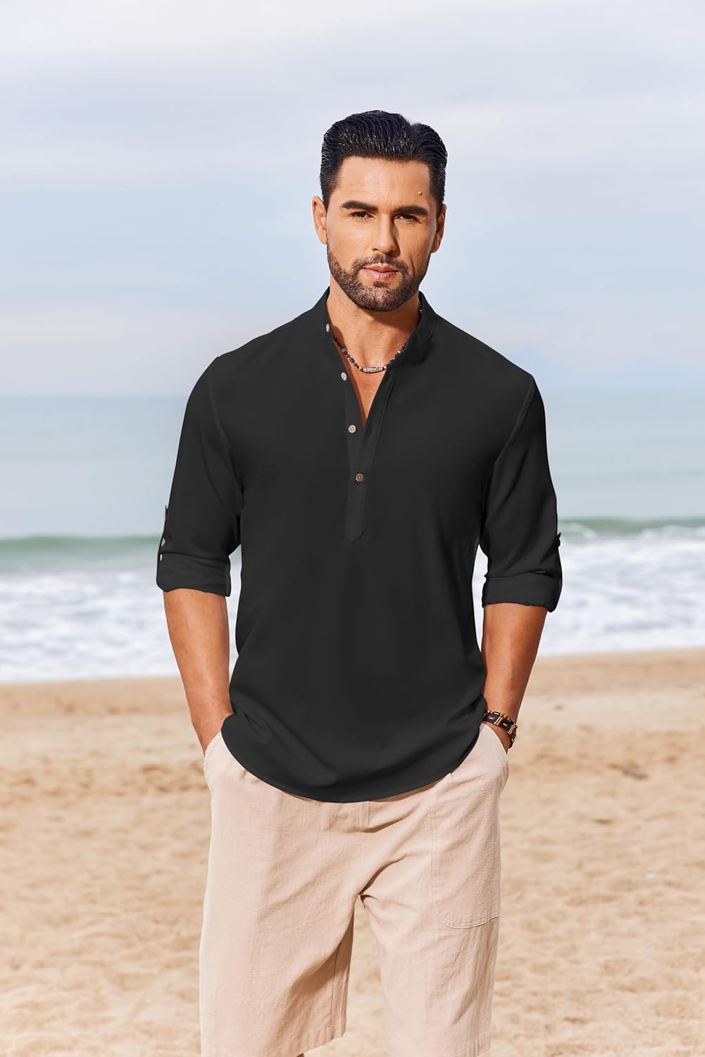 COOFANDY Men's Casual Henley Shirts Long Sleeve Band Collar Lightweight Beach Shirts Summer T-Shirts - Image 3