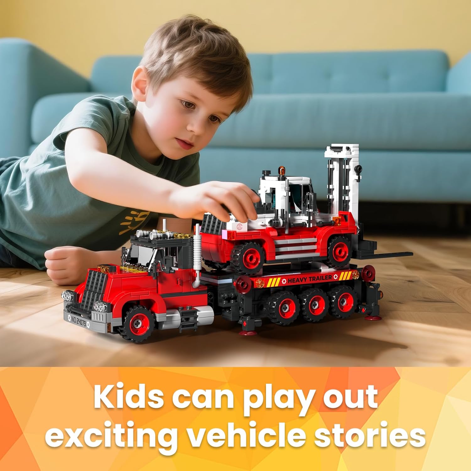 Mould King Trailer Toy Building Block, Realistic American Style Semi Truck Model Building Sets for Boys Girls Ages 8+, 24079 STEM Toy with Forklift Truck, Collectible Model for Adults (906 PCS)