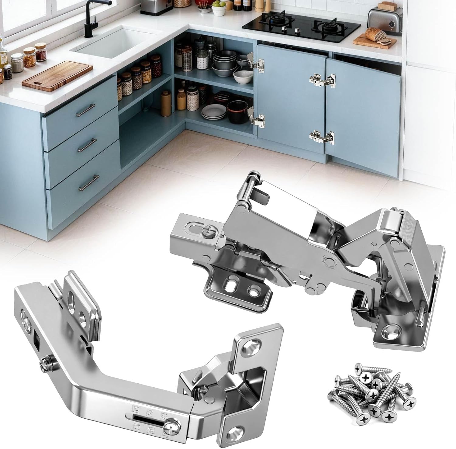 Lazy Susan Hinges 135° & 180° Soft Close for Corner Cabinet, Half-Overlay, 4 x 180° + 4 x 135° Hinges, Kitchen Cupboard Bifold Hardware with Silent Damper, Pie Cut Solution