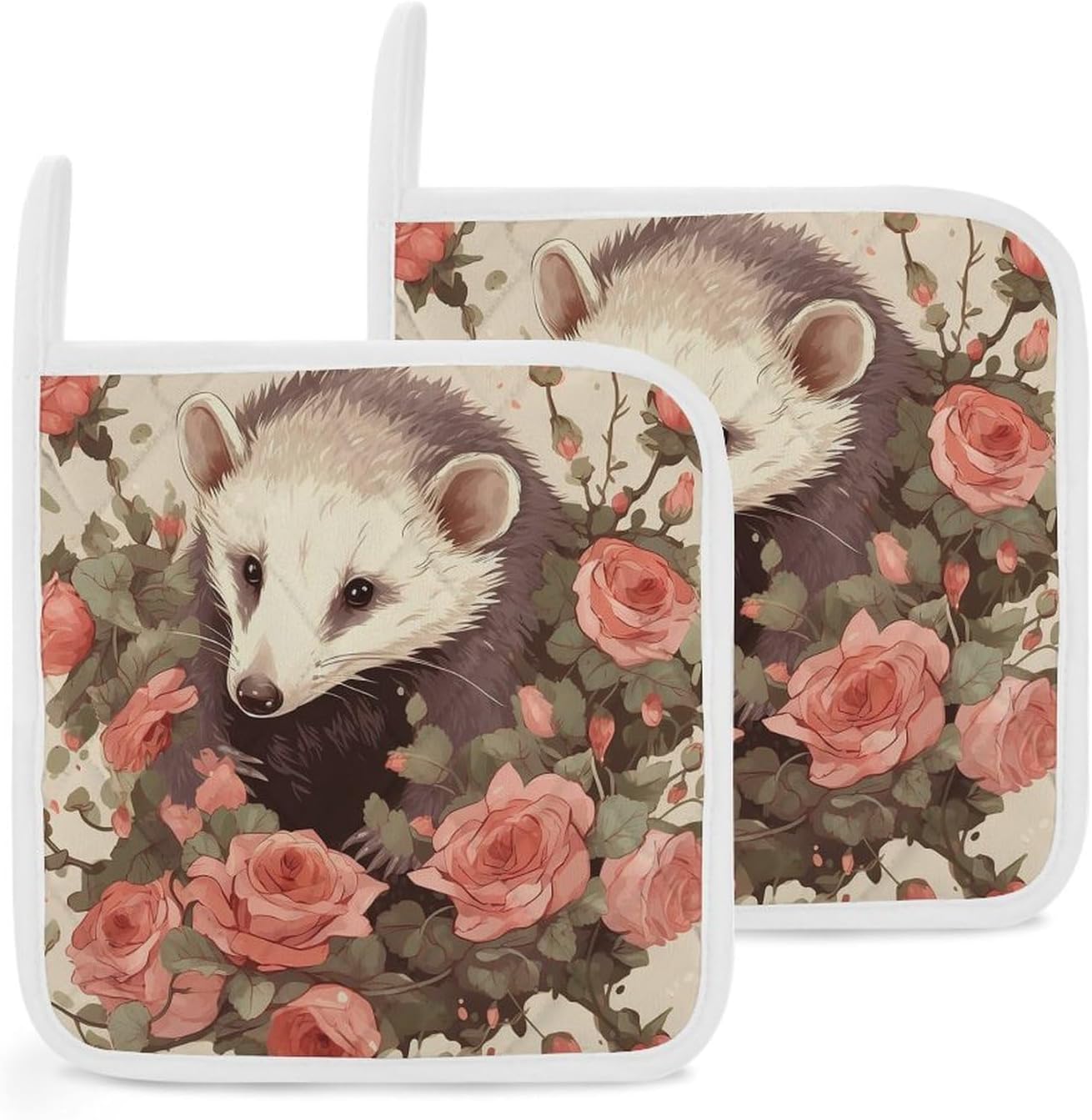 Pot Holder Set of 2 Opossum and Roses Printed Potholders for Kitchens Heat Resistant & Non Slip Potholders for Kitchen Cooking Baking BBQ