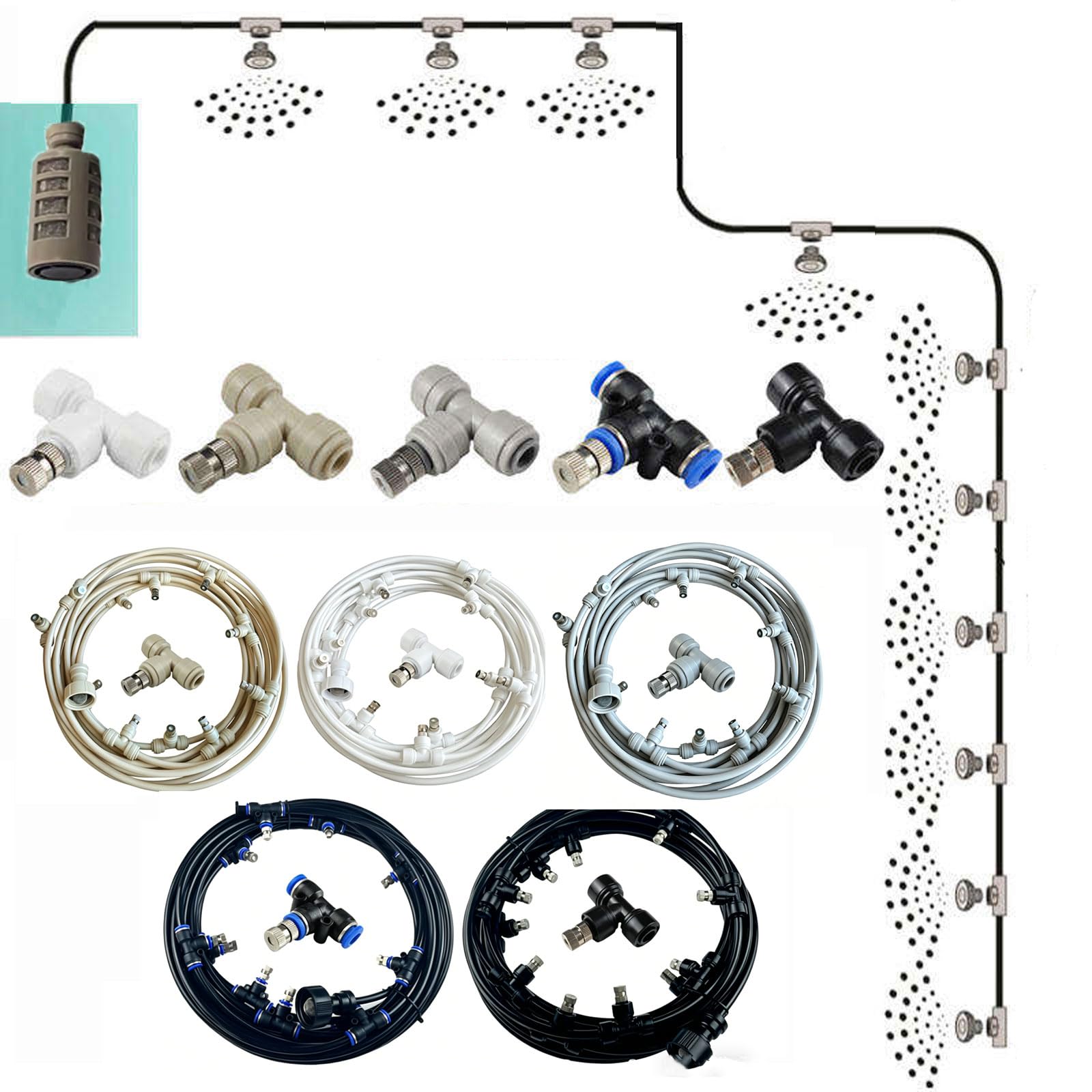 Sprühnebel Kühlung Set, Kühlsystem für den Außenbereich, Outdoor Misting System mit Messing Nebeldüsen, DIY-Pflanzenbewässerungs-Set Garten Gewächshaus Pavillon Wasserzerstäuber