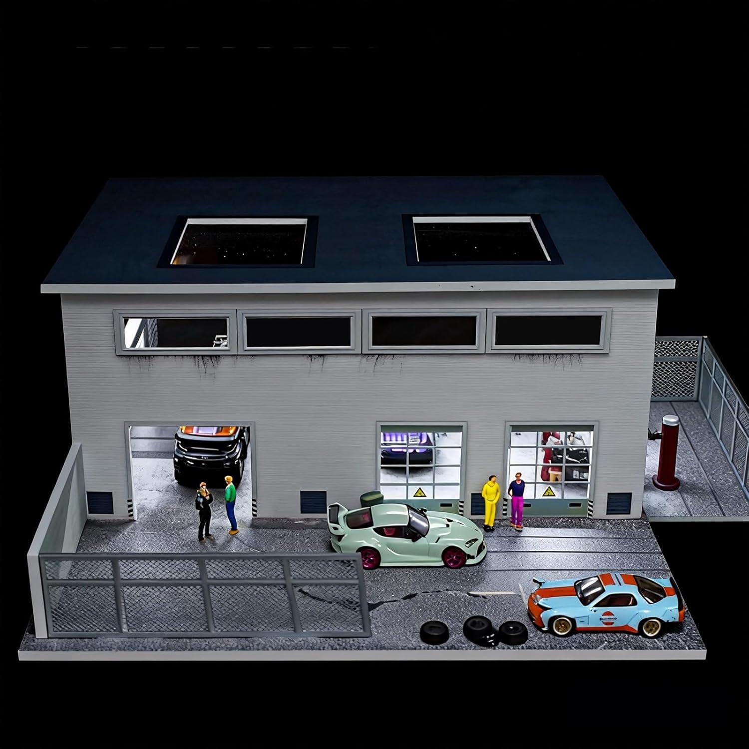 1/64 LED Lighted Diorama Garage Display Case for Hot Wheels, Matchbox & Mini GT Diecast Cars, Ideal for 1:64 Model Car Collection Display & Showcase (Factory Builiding)