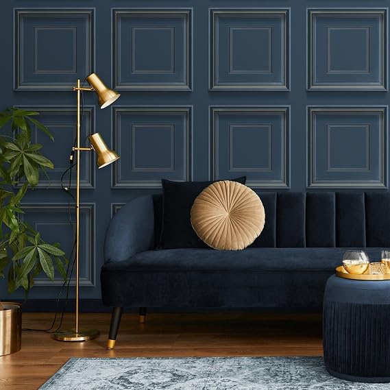 SOPHIE LAURENCE Navy Panel Effect Wallpaper Metallic Realistic 3D Wooden Panelling Effect Wallpaper - Paste The Paper for Living Room Bedroom Feature Wall