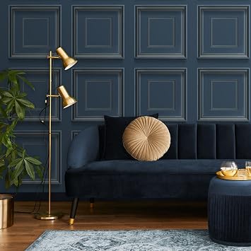 SOPHIE LAURENCE Navy Panel Effect Wallpaper Metallic Realistic 3D Wooden Panelling Effect Wallpaper - Paste The Paper for Living Room Bedroom Feature Wall