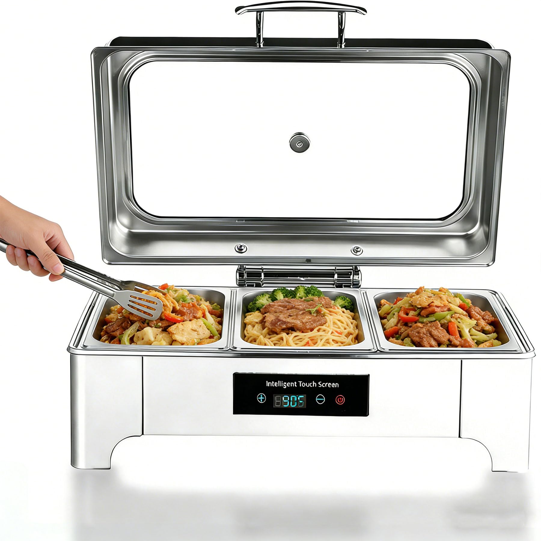 Chafing Dish Elettrico, 9L Scaldavivande Elettrico per Buffet con Coperchio in Vetro, Commerciale Contenitore Scalda Cibo Temperatura Regolabile 35-90°C per Buffet, Feste e Banchetti (GN1/3)