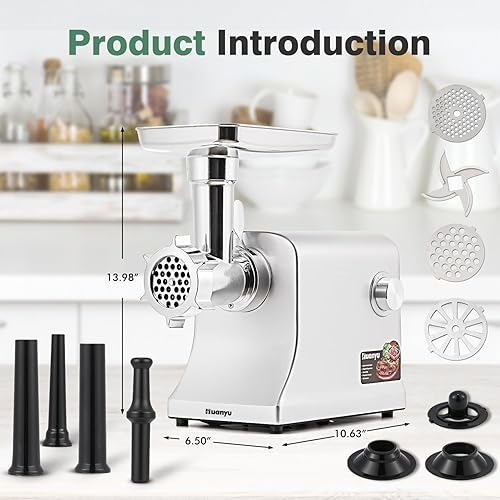 Miniatura 7 de Huanyu Picadora de carne eléctrica de 2800 W Max con acero inoxidable, 2 cuchillas y 3 platos, 3 rellenos de salchichas, kits Kubbe máquina de