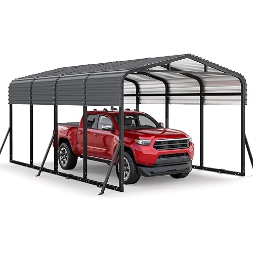 12x20FT Heavy Duty Metal Carport, Outdoor Portable Car Garage w/Reinforced Support Rods & Windproof Ground Anchors, All-Season Versatile Outdoor Shelter for Car Boats Truck