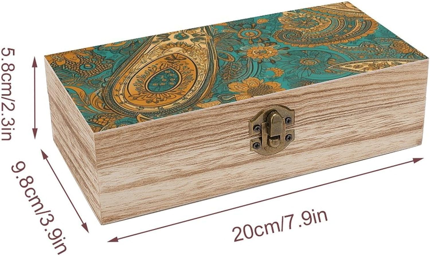 Yellow Paisley Pattern Wooden Box with Hinged Lid, Large Photo Storage Box for Women Men, Keepsake Treasure Chest Boxes, Jewelry Organiser Case, Memory Case, 7.9'' X 3.9'' X2.3''