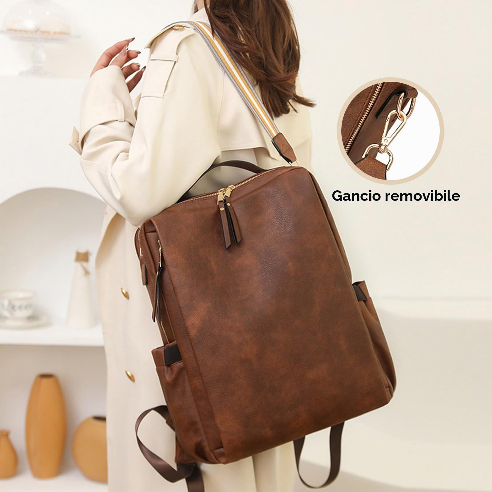 Zaino Porta Computer Donna in Pelle, Zaino in Pelle Donna per PC, Numerose Tasche e Scomparto Separato per Laptop, Ideale per Lavoro e Viaggio