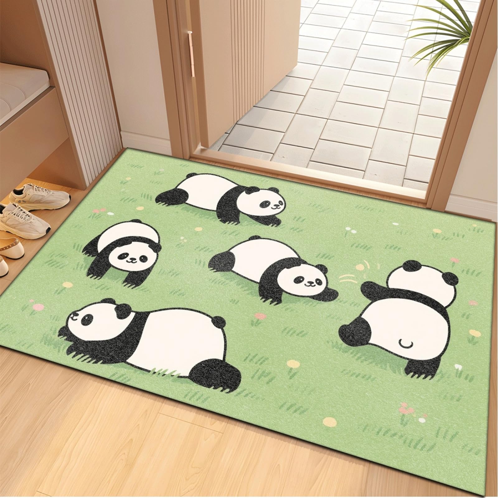 Tapis Entree Interieur Panda Vert Mignon Tapis D'entrée Facile à Nettoyer Antidérapant Lavable en Machine pour Chambre Cuisine Couloir Paillasson Interieur Exterieur 80x120 cm