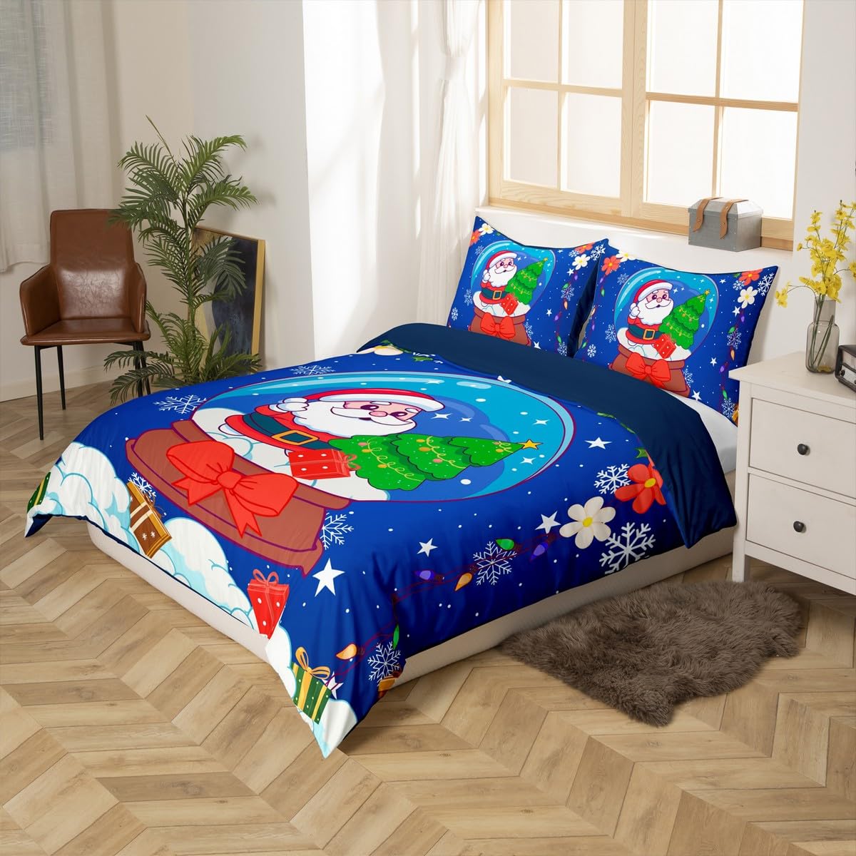 Homewish Święty Mikołaj Boże Narodzenie niebieski king size zestawy poszewek na kołdrę kokarda kokarda płatek śniegu kwiatowa pościel ostrokrzew kryształowa kula kwiaty czerwona poszewka na kołdrę