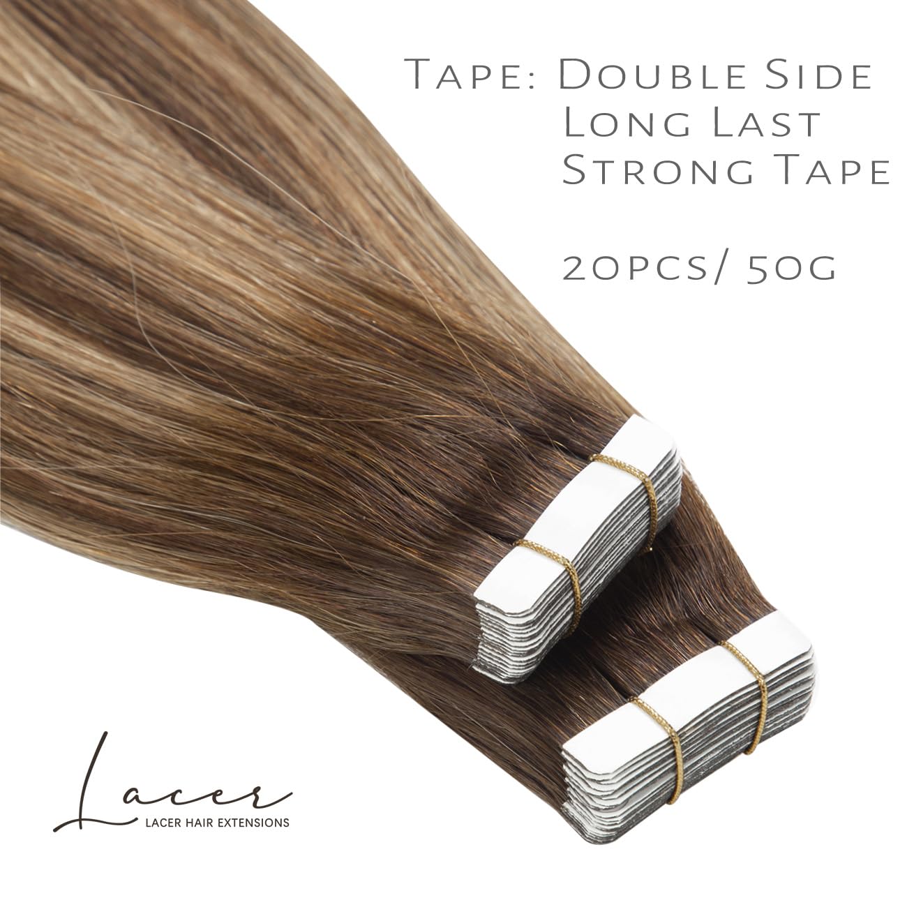 Lacer Human Hair Extensions Tape in 14 Inch Chocolate Brown to Dark Caramel Blonde Silky Straight Adhesive Soft Glue in Brazilian Hair Extensions 20 Pcs 50 Grams
