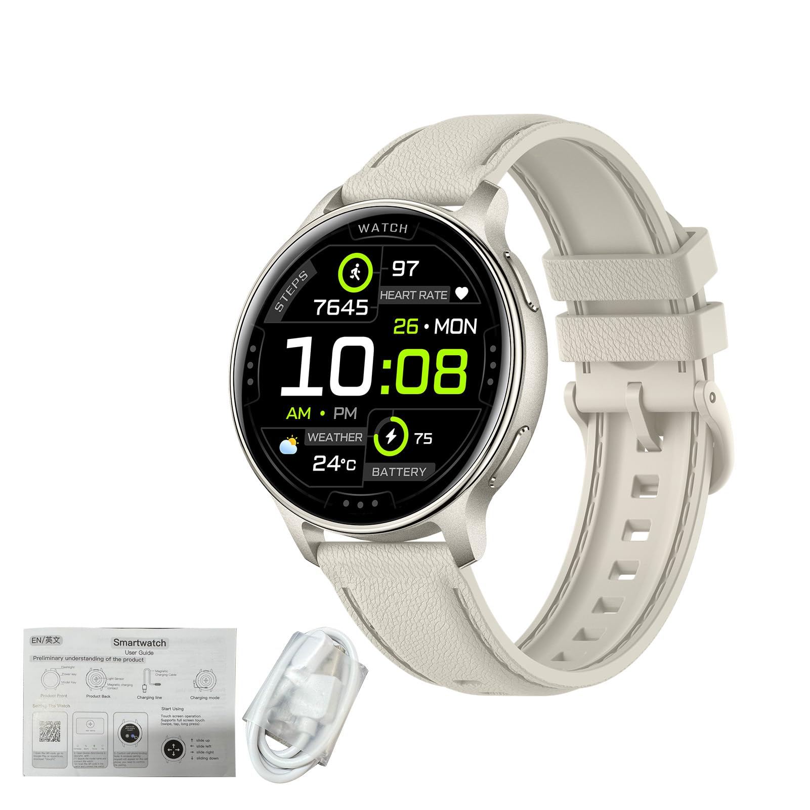 GPS Sports Smartwatch 1,32 Pouces AMOLED Écran Tactile 100 Modes Sportifs Altimètre Baromètre Boussole 3ATM étanche pour Les Amateurs de Plein air Randonnée Camping (Beige)
