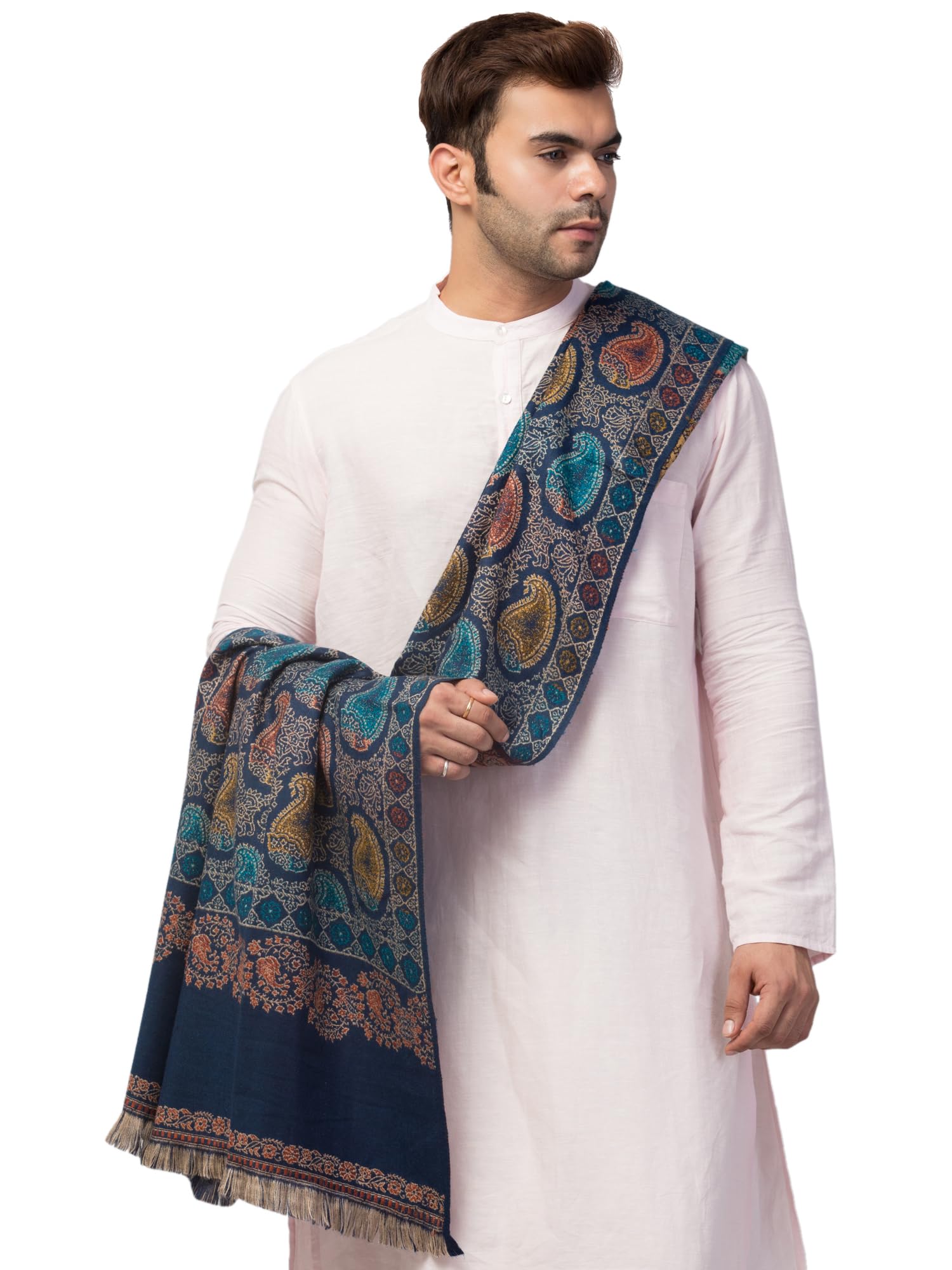 tweedle Men’s Blue Jamawar Weave Soft Woolen Shawl/Stole with Ambi Jaal Design (40 x 80 inches) 1
