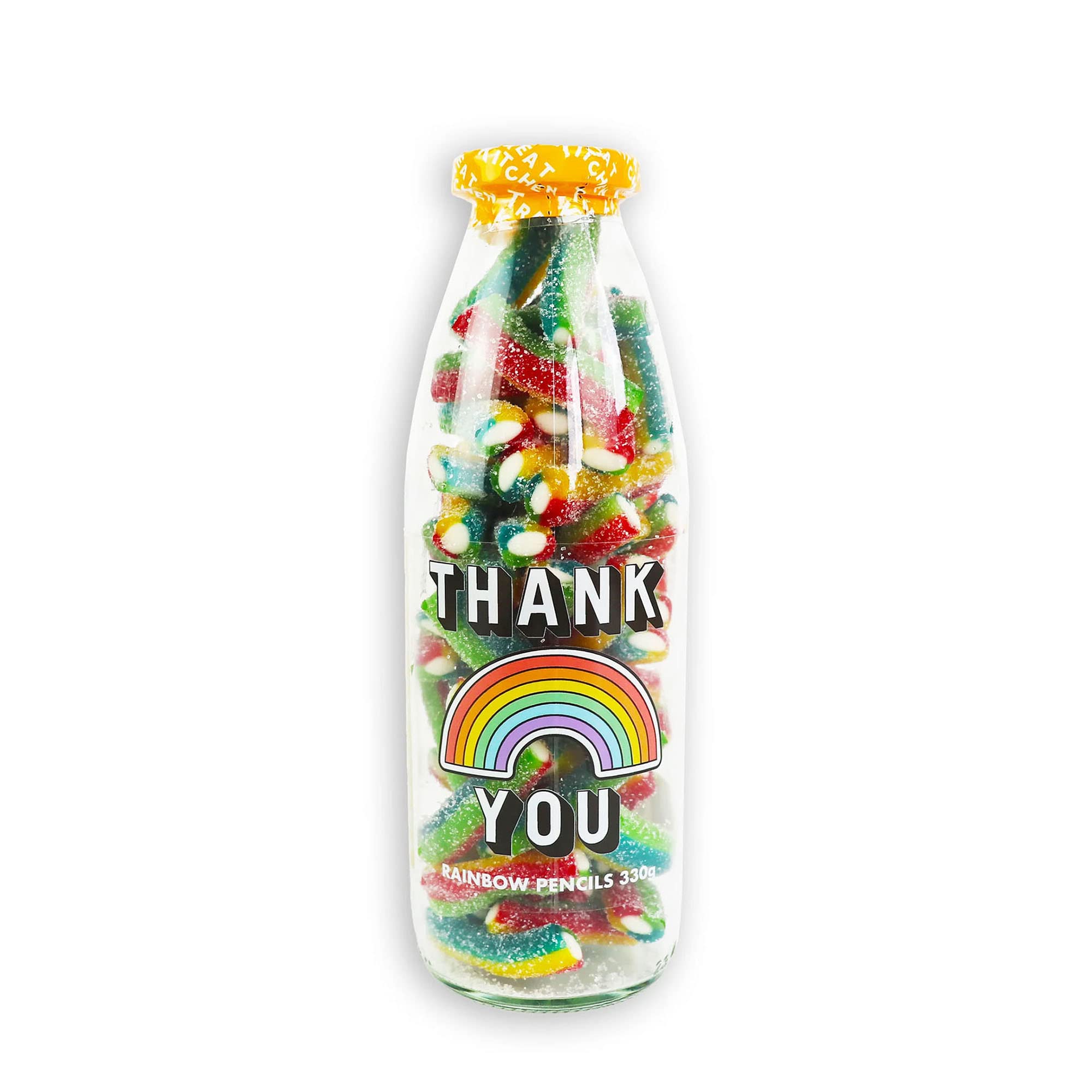 ‘Thank You’ Fizzy Rainbow Pencils Sweets in Glass Message Bottle 330